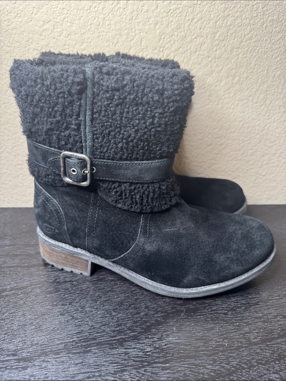 UGG Black Suede Shearling Cuff Ankle Boots
